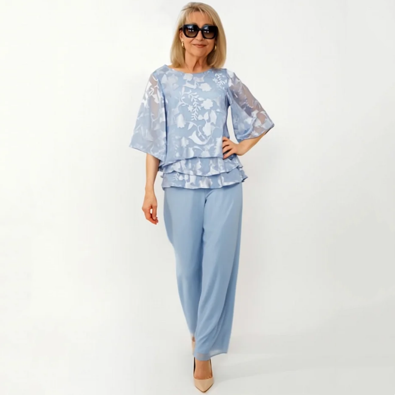 Elegantiški moteriški viršutiniai drabužiai su kaklaraiščiais ir plačiomis kelnėmis komplekte-LT