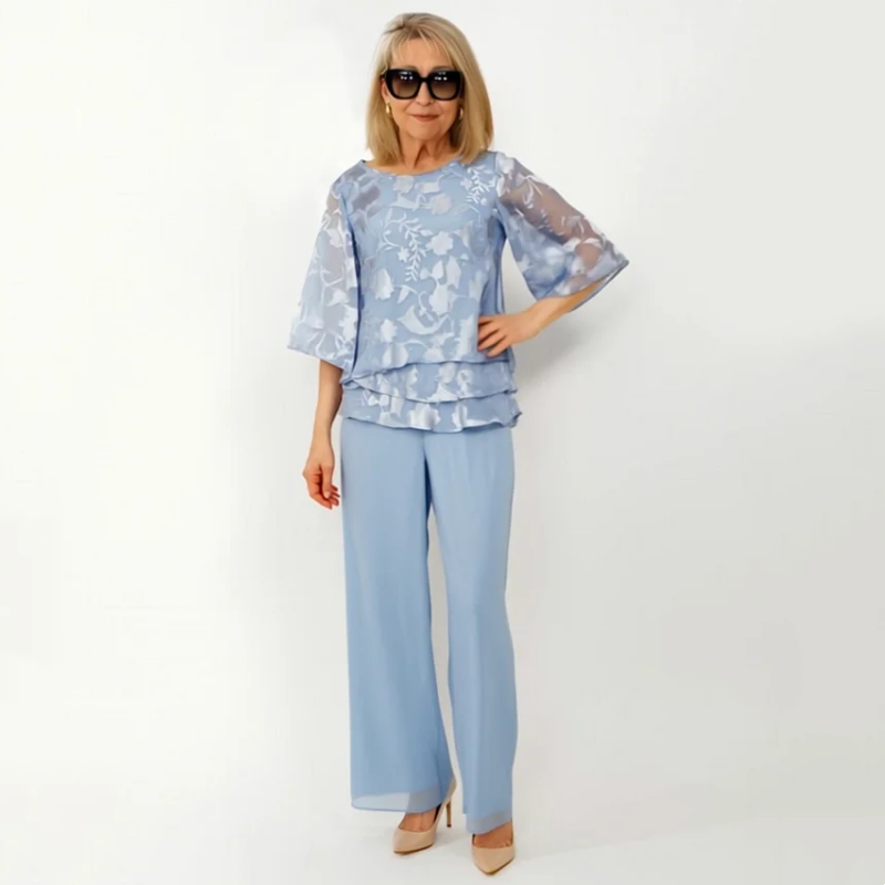 Elegantiški moteriški viršutiniai drabužiai su kaklaraiščiais ir plačiomis kelnėmis komplekte-LT