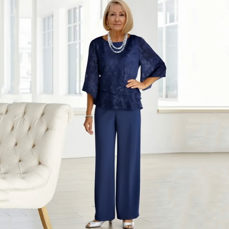 Elegantiški moteriški viršutiniai drabužiai su kaklaraiščiais ir plačiomis kelnėmis komplekte-LT