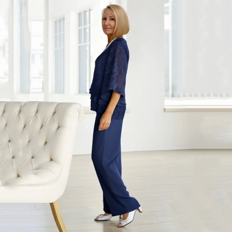 Elegantiški moteriški viršutiniai drabužiai su kaklaraiščiais ir plačiomis kelnėmis komplekte-LT