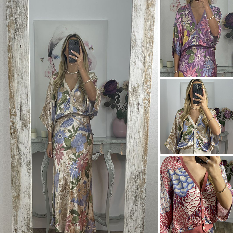 🏆🌸Dviejų dalių moteriškas komplektas: palaidinė V formos iškirpte ir ilgas sijonas-LT