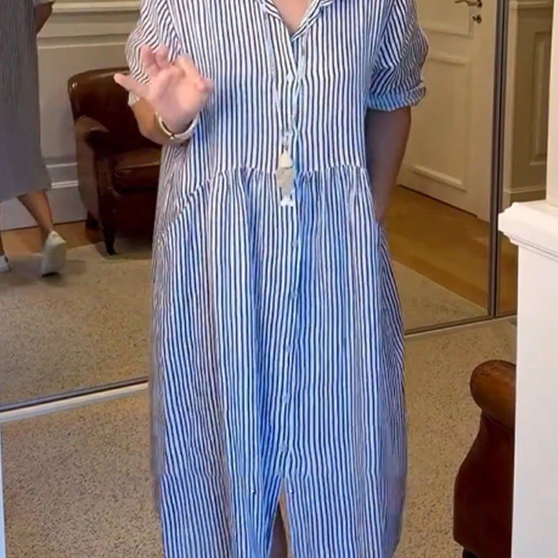 🔥👗 Dryžuota marškinių suknelė su atlapais ir sagomis | Su funkcionaliomis kišenėmis-LT