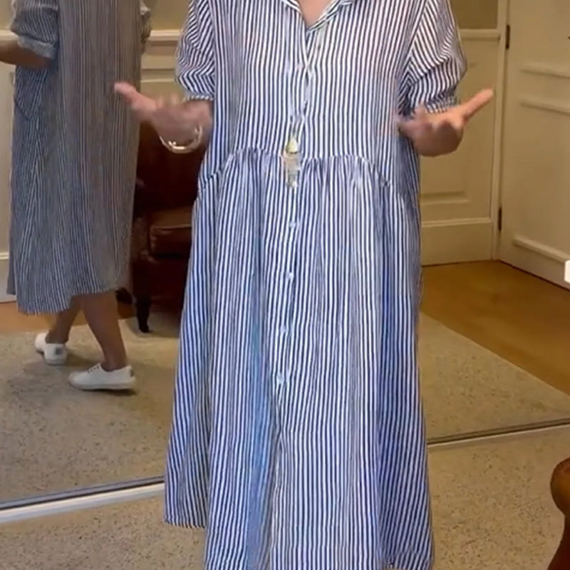 🔥👗 Ριγέ φόρεμα-πουκάμισο με πέτα και κουμπιά | Με λειτουργικές τσέπες-GR