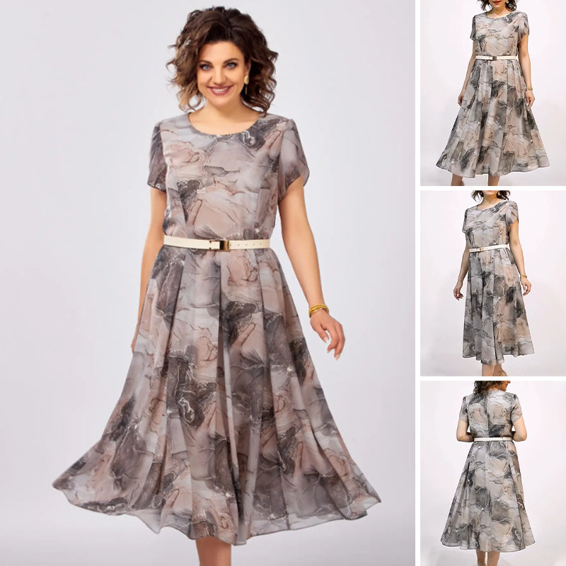 Dámske elegantné okrúhly výstrih krátky rukáv Midi šaty-SK