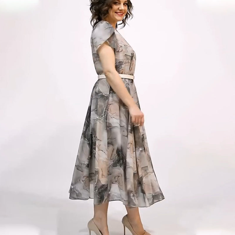 Dámske elegantné okrúhly výstrih krátky rukáv Midi šaty-SK