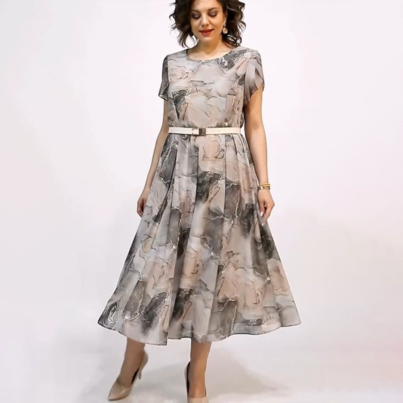 Dámske elegantné okrúhly výstrih krátky rukáv Midi šaty-SK