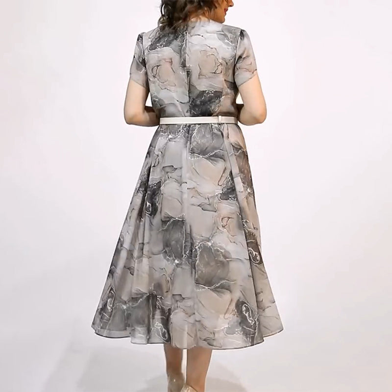 Dámske elegantné okrúhly výstrih krátky rukáv Midi šaty-SK