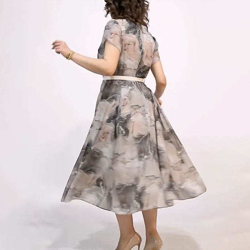 Dámske elegantné okrúhly výstrih krátky rukáv Midi šaty-SK