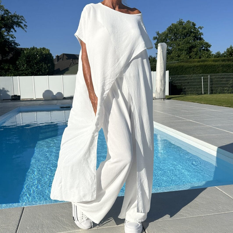 🌸 Σετ μονόχρομης πλούζας και παντελονίου με εἰμές τους σύμπους-GR