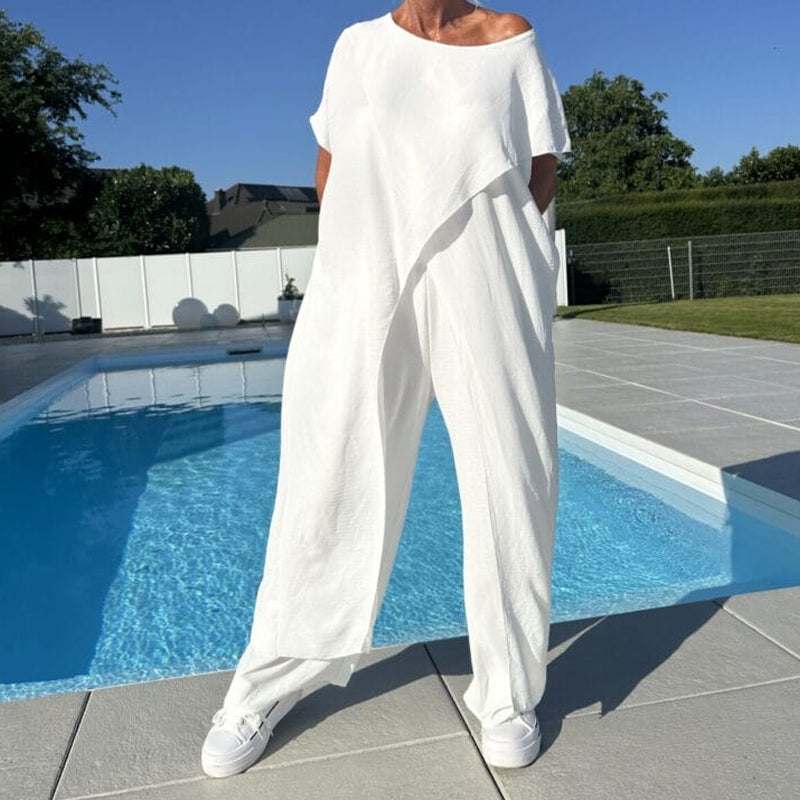 🌸 Σετ μονόχρομης πλούζας και παντελονίου με εἰμές τους σύμπους-GR