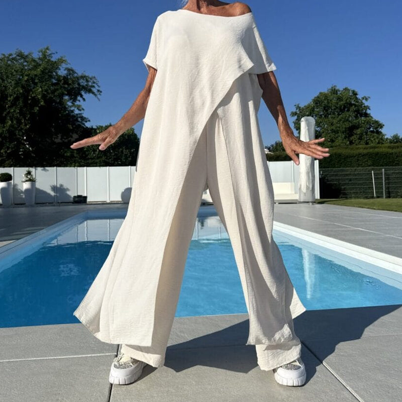 🌸 Σετ μονόχρομης πλούζας και παντελονίου με εἰμές τους σύμπους-GR