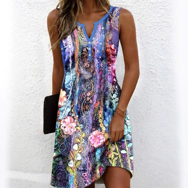 🔥👗Γυναικεία αμάνικα φορέματα με στάμπα και V λαιμόκοψη-GR