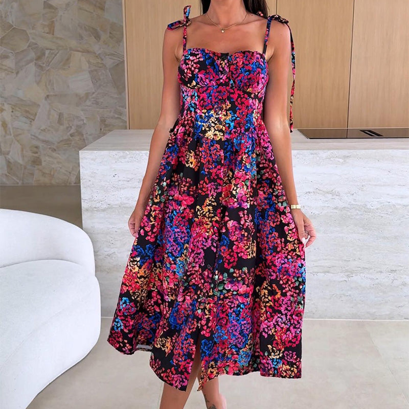 👗Κομψό γυναικείο δωμένος με λεπτές τιράντες και φλοράλ τύπωμα-GR