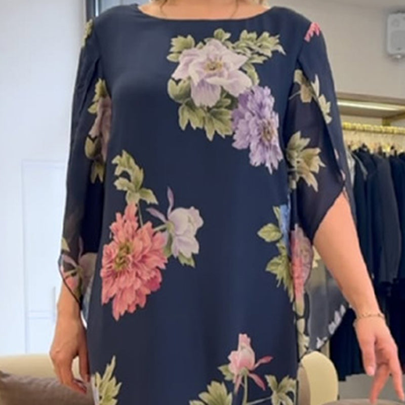 Elegantné dlhé dámske šaty s potlačou na výstrihu-SK