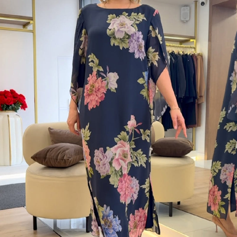 Elegantné dlhé dámske šaty s potlačou na výstrihu-SK