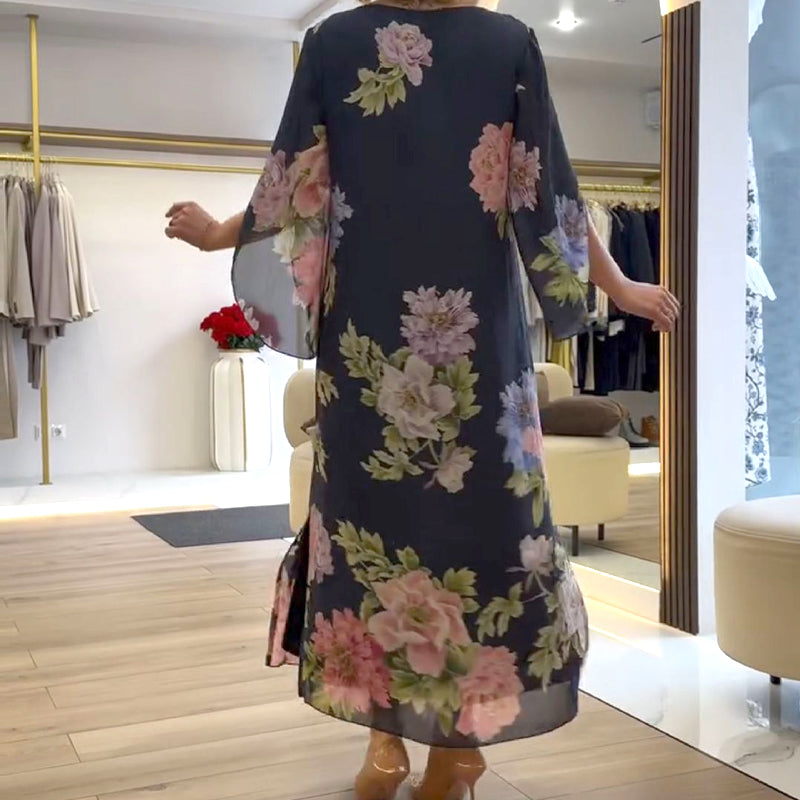 Elegantné dlhé dámske šaty s potlačou na výstrihu-SK