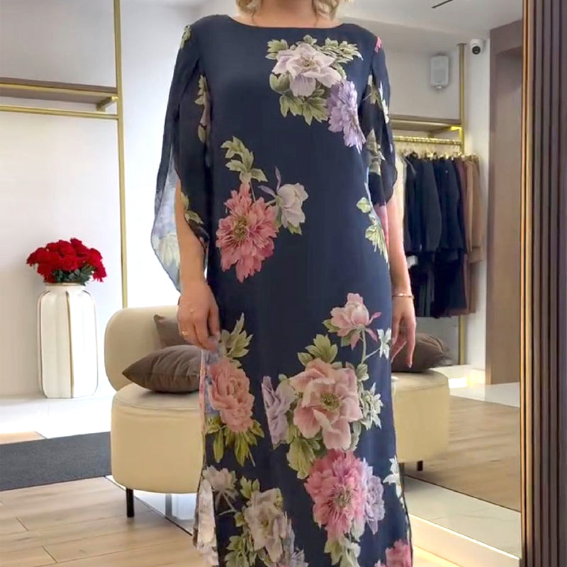 Elegantiška ilga moteriška suknelė su raštu ant kaklo-LT