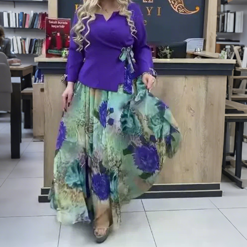 💜Κομψό τοπ και φούστα με φλοράλ μοτίβα, σετ δύο τεμαχίων-GR